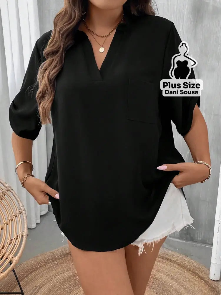 Blusa Casual Com Bolsos E Mangas Curtas Plus Size Preto / G Blusa Casual Com Bolsos E Mangas Curtas Plus SizeBlusa