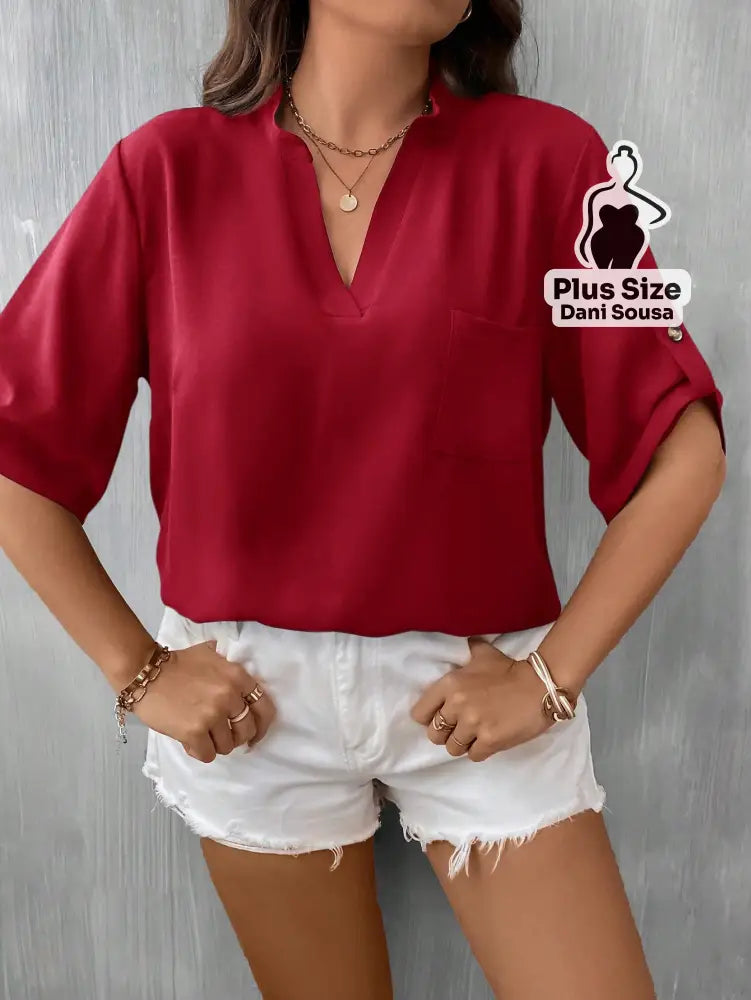 Blusa Casual Com Bolsos E Mangas Curtas Plus Size Blusa Casual Com Bolsos E Mangas Curtas Plus SizeBlusa Casual Com