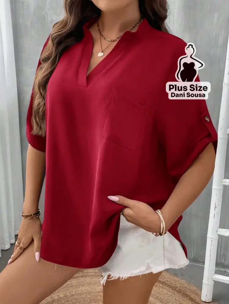 Blusa Casual Com Bolsos E Mangas Curtas Plus Size Blusa Casual Com Bolsos E Mangas Curtas Plus SizeBlusa Casual Com