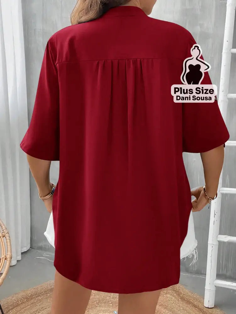 Blusa Casual Com Bolsos E Mangas Curtas Plus Size Blusa Casual Com Bolsos E Mangas Curtas Plus SizeBlusa Casual Com
