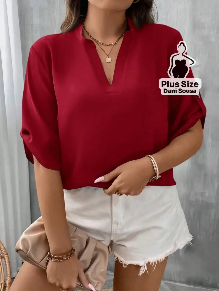 Blusa Casual Com Bolsos E Mangas Curtas Plus Size Vermelho / G Blusa Casual Com Bolsos E Mangas Curtas Plus SizeBlusa