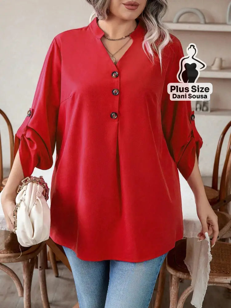 Blusa Casual com Botões e Manga 3/4 Ajustável Plus Size Camisa 2 em 1 com Recorte Elegante e Manga Longa Plus Size