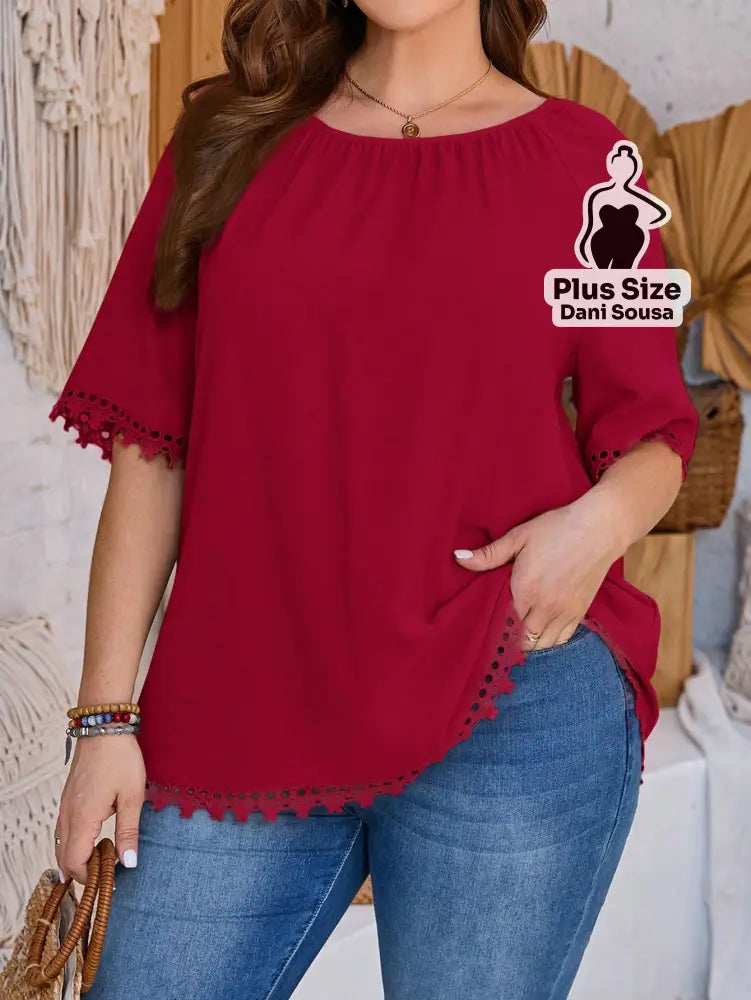 Blusa Com Barra Trabalhada Em Detalhe Plus Size Vermelho / G Blusa Com Barra Trabalhada Em Detalhe Plus Size
