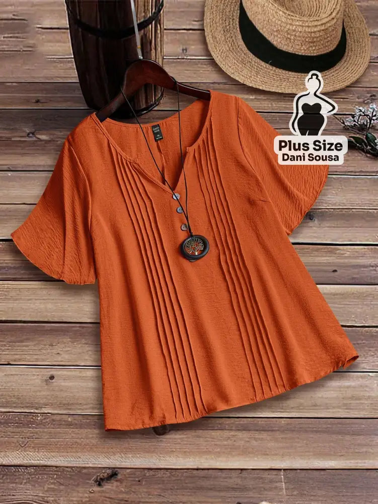 Blusa Com Botões Decorativos E Detalhes De Pregas Plus Size Laranja / G Blusa Com Botões Decorativos E Detalhes De