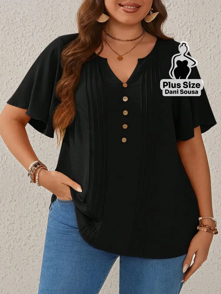 Blusa Com Botões Decorativos E Detalhes De Pregas Plus Size Preto / G Blusa Com Botões Decorativos E Detalhes De Pregas