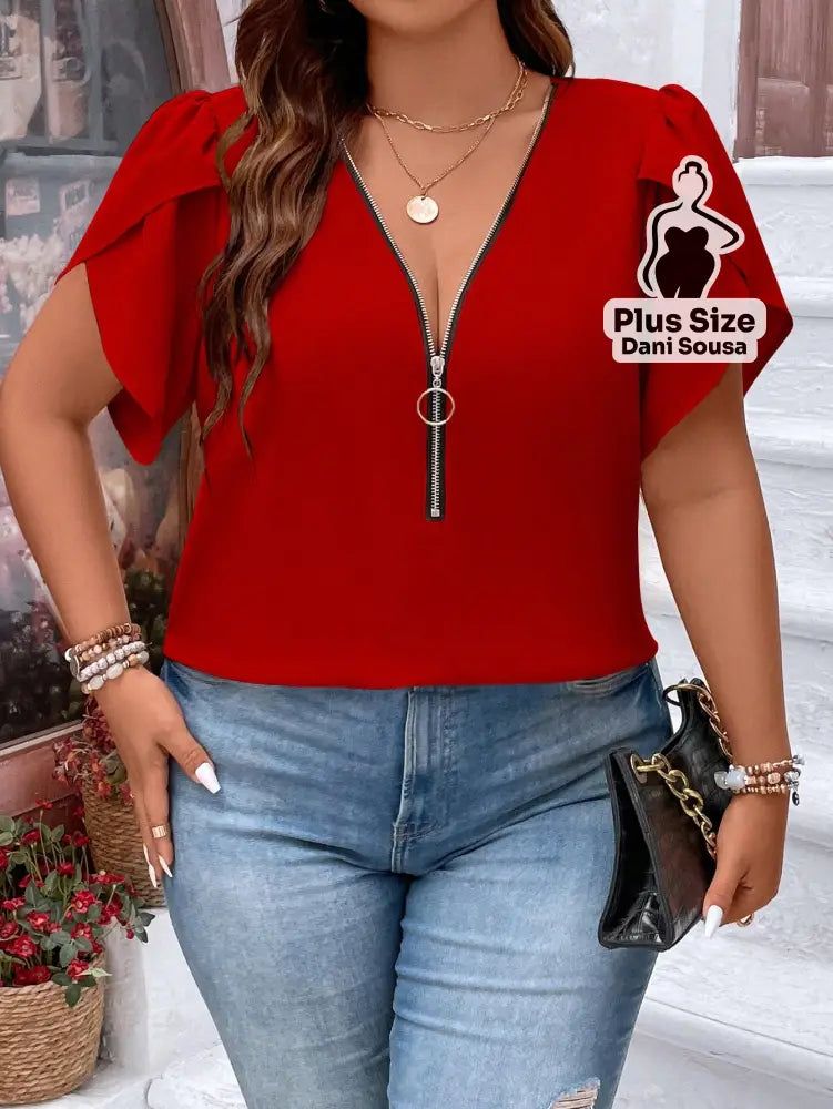 Blusa Com Decote Em Zíper e Mangas Amplas Plus Size Vermelho / G Blusa Com Decote Em Zíper e Mangas Amplas Plus Size