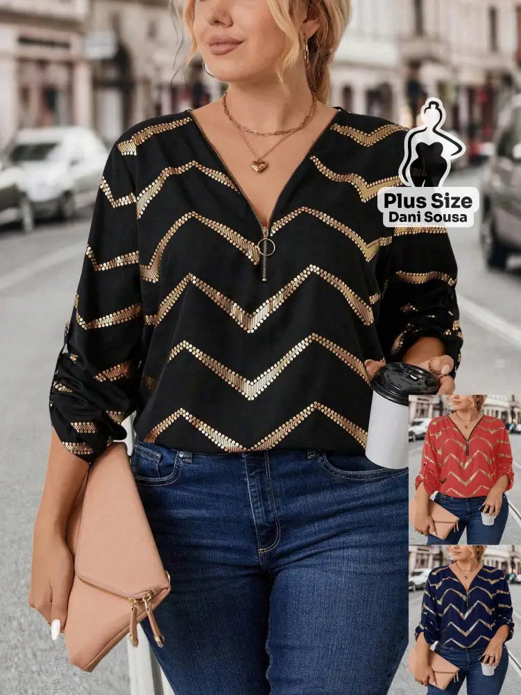 Blusa com Estampa Chevron e Decote em Zíper Plus Size Blusa Bata Bordada com Detalhes Vazados Plus Size