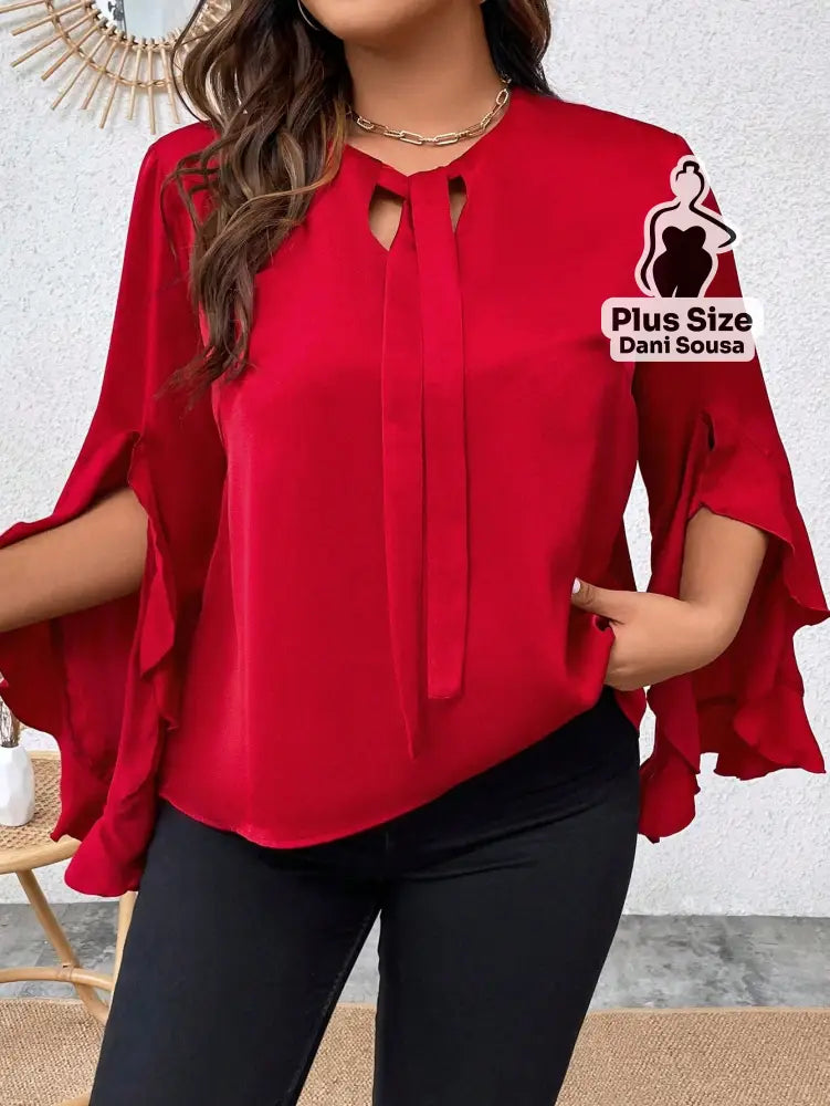 Blusa Com Laço E Mangas Fluidas Plus Size Blusa Com Laço E Mangas Fluidas Plus Size