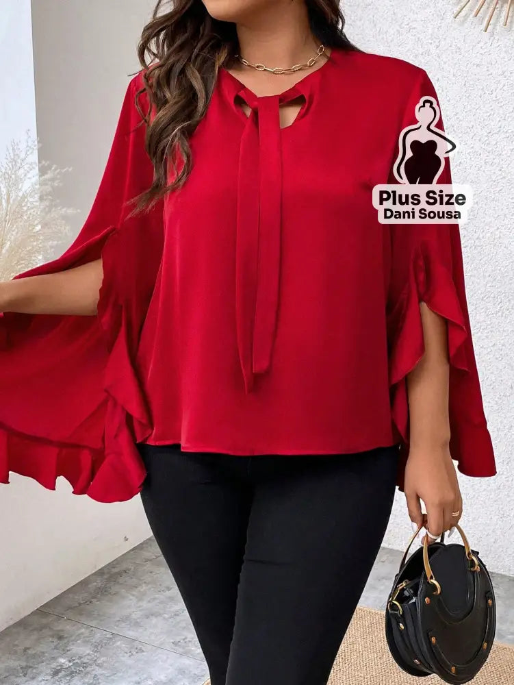 Blusa Com Laço E Mangas Fluidas Plus Size Blusa Com Laço E Mangas Fluidas Plus Size