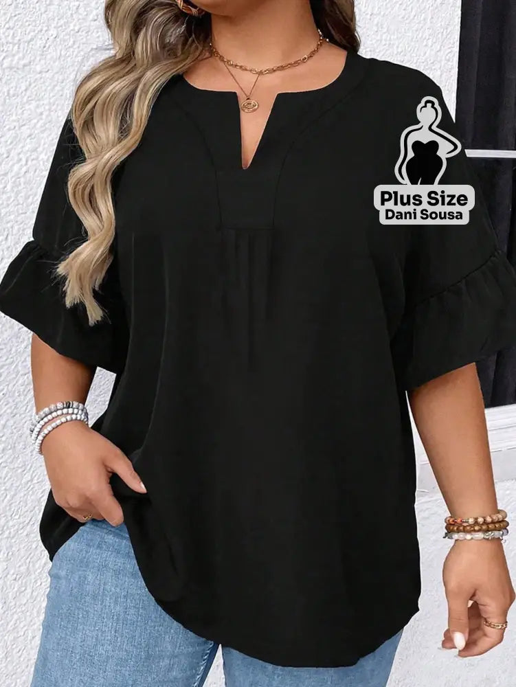 Blusa Com Manga 3/4 e Babado Plus size Preto / G Blusa Com Manga 3/4 e Babado Plus size