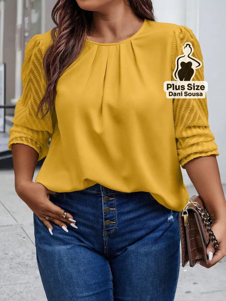 Blusa Com Pregas e Manga Texturizada Plus Size Amarelo / G Blusa Com Pregas e Manga Texturizada Plus Size