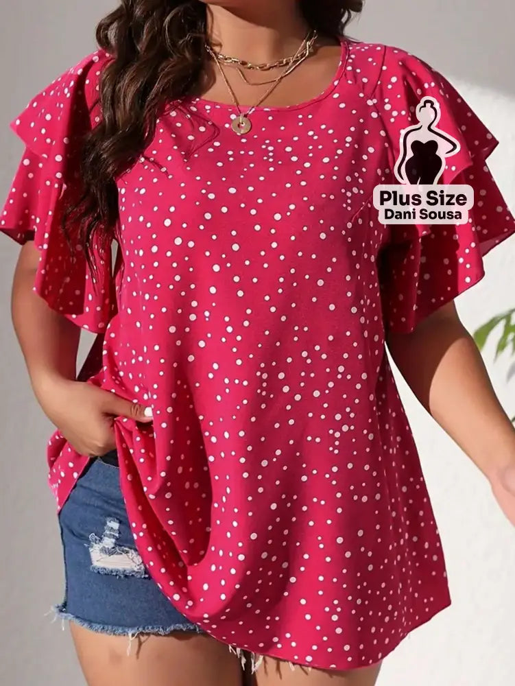 Blusa de Babados Com Estampa de Poás Plus Size Pink / G Conjunto Cropped e Shorts Estampado com Detalhes de Renda Plus