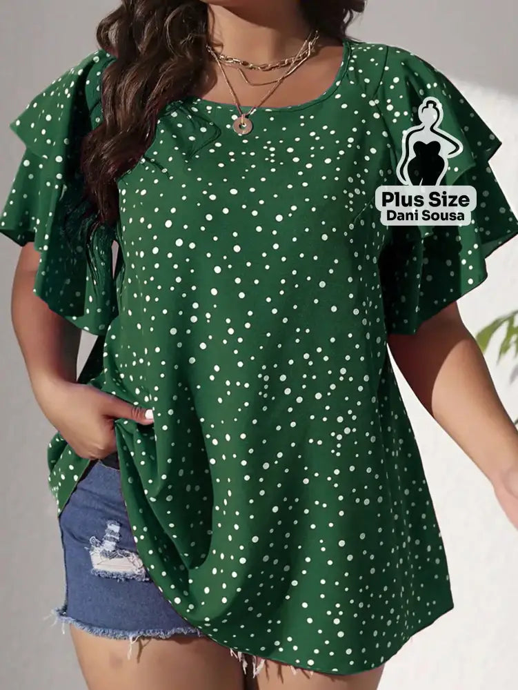 Blusa de Babados Com Estampa de Poás Plus Size Verde / G Conjunto Cropped e Shorts Estampado com Detalhes de Renda Plus