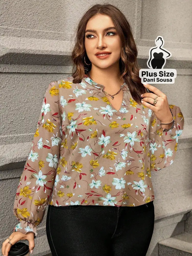 Blusa De Manga Longa Com Estampa Floral Plus Size Blusa De Manga Longa Com Estampa Floral Plus Size