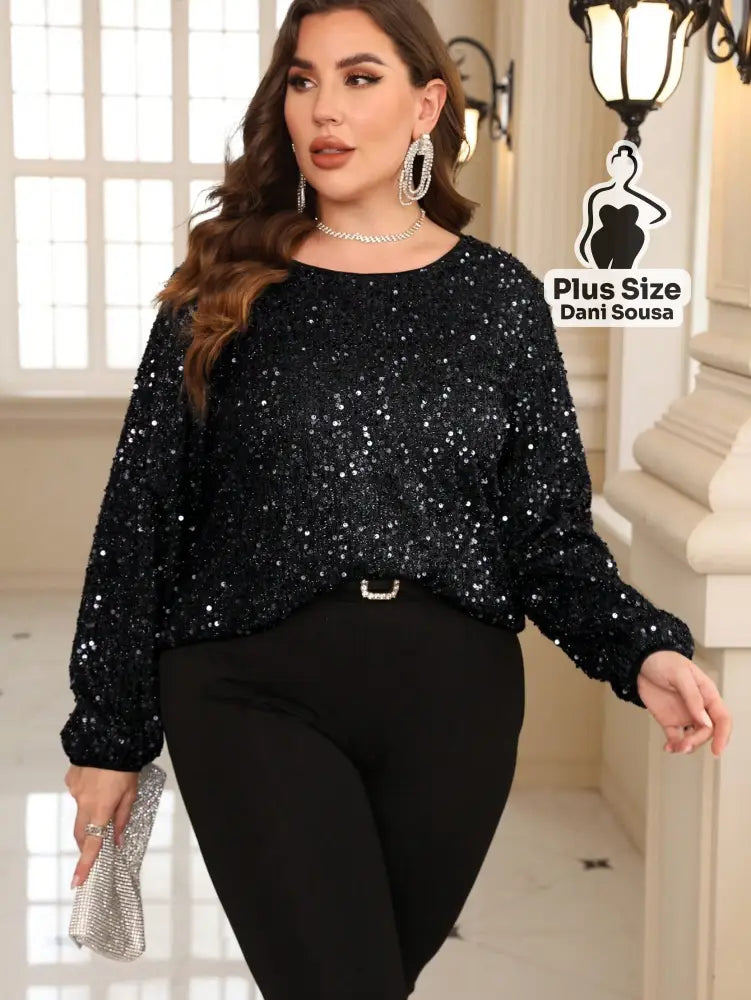 Blusa de Paetês Com Mangas Longas Elegante Plus Size Blusa de Paetês Com Mangas Longas Elegante Plus Size