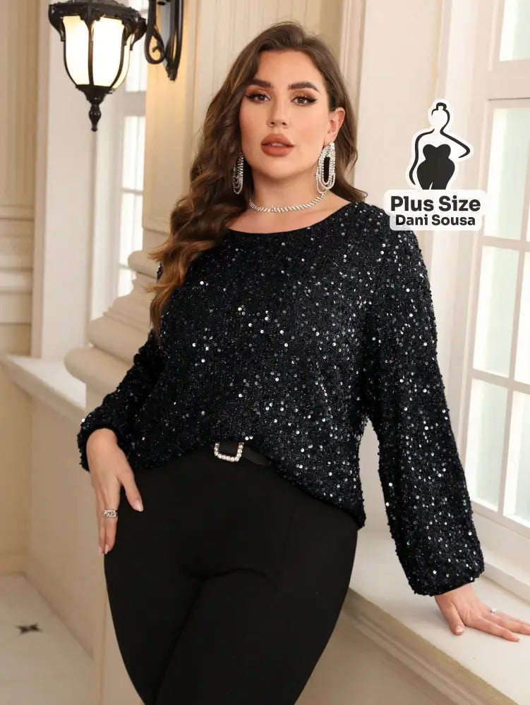 Blusa de Paetês Com Mangas Longas Elegante Plus Size Preto / G Blusa de Paetês Com Mangas Longas Elegante Plus Size
