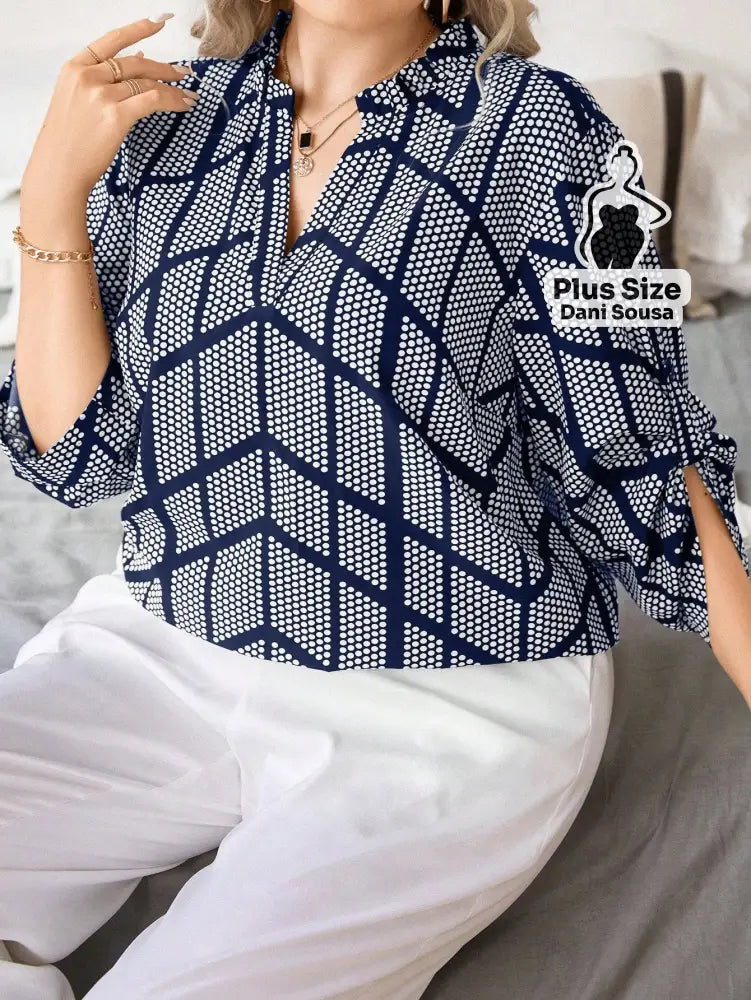 Blusa Elegante Estampada Com Detalhes Modernos Plus Size Blusa Elegante Estampada Com Detalhes Modernos Plus Size
