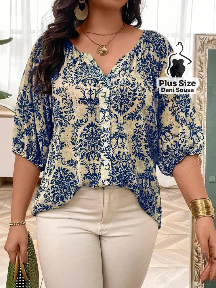 Blusa Estampada Com Botões e Manga Bufante Plus Size Azul / G Blusa Estampada Com Botões e Manga Bufante Plus Size