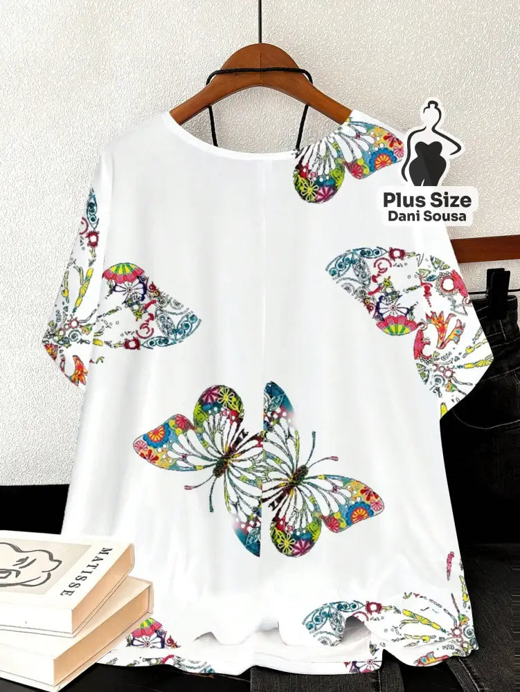 Blusa Estampada de Borboleta Com Caimento Solto Plus Size Blusa Estampada de Borboleta Com Caimento Solto Plus Size
