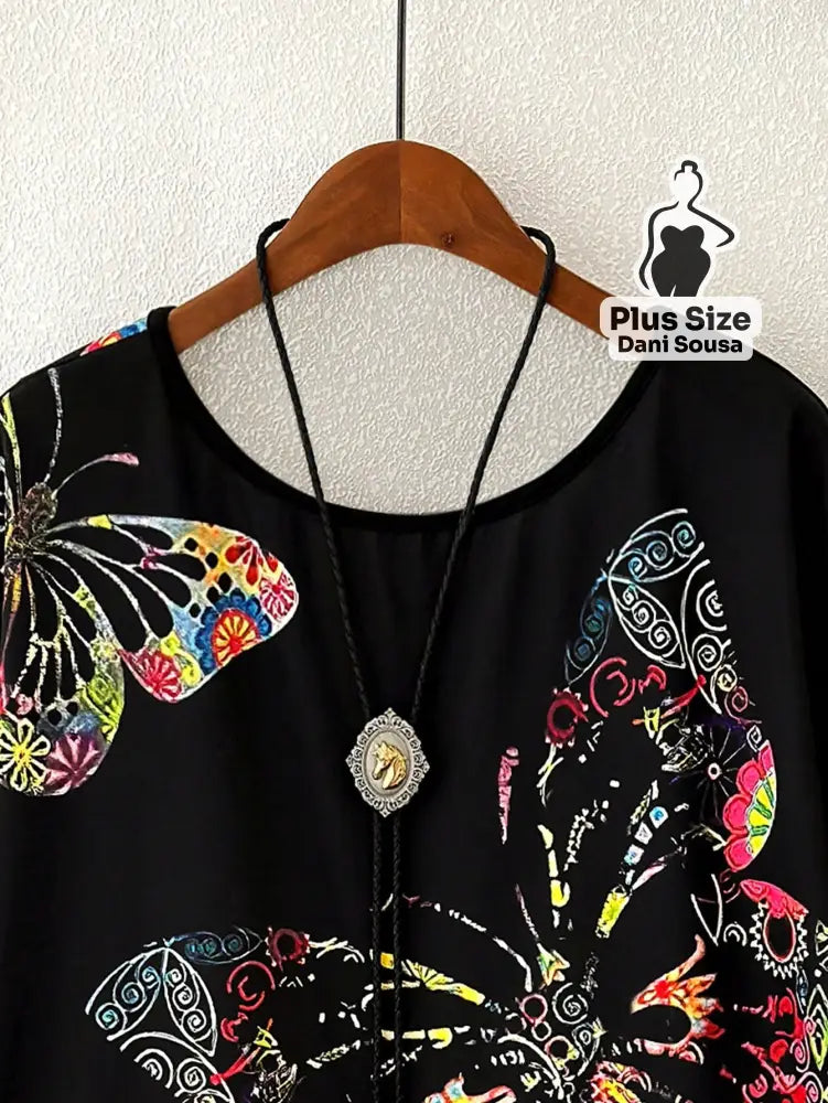 Blusa Estampada de Borboleta Com Caimento Solto Plus Size Blusa Estampada de Borboleta Com Caimento Solto Plus Size