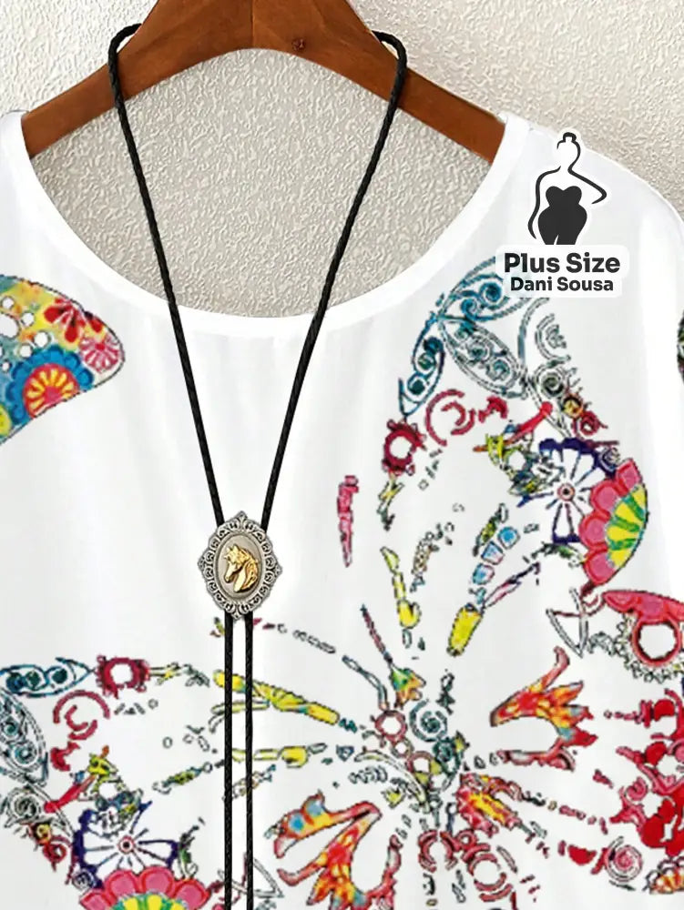 Blusa Estampada de Borboleta Com Caimento Solto Plus Size Blusa Estampada de Borboleta Com Caimento Solto Plus Size