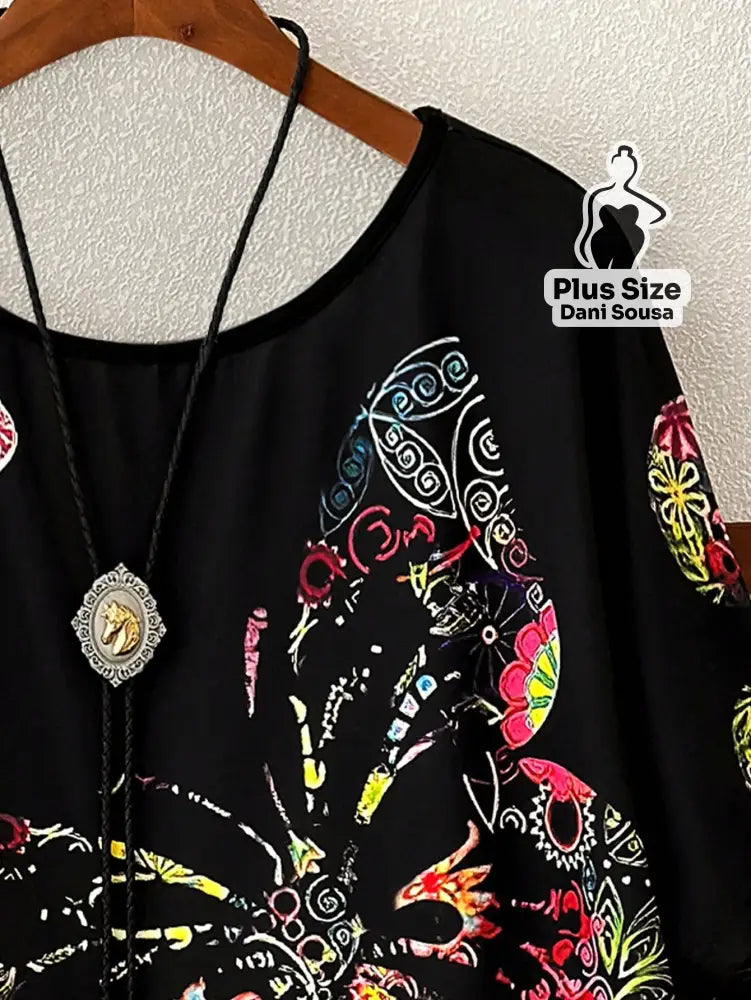 Blusa Estampada de Borboleta Com Caimento Solto Plus Size Blusa Estampada de Borboleta Com Caimento Solto Plus Size