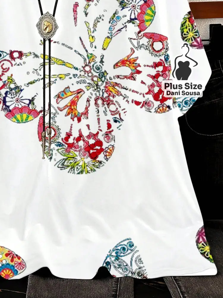 Blusa Estampada de Borboleta Com Caimento Solto Plus Size Blusa Estampada de Borboleta Com Caimento Solto Plus Size