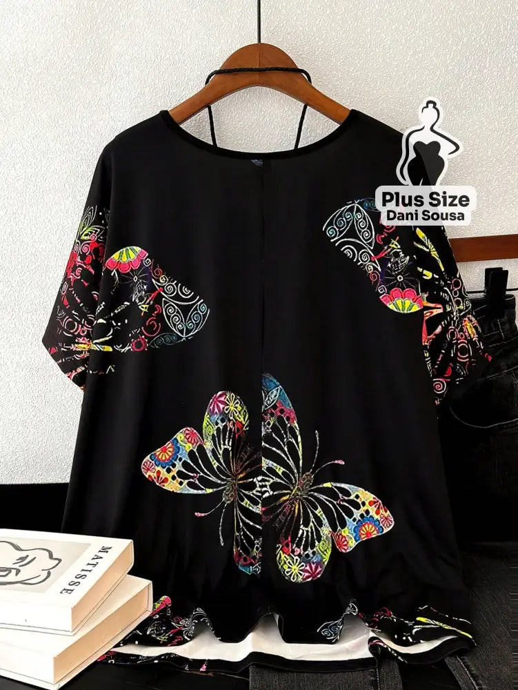 Blusa Estampada de Borboleta Com Caimento Solto Plus Size Blusa Estampada de Borboleta Com Caimento Solto Plus Size
