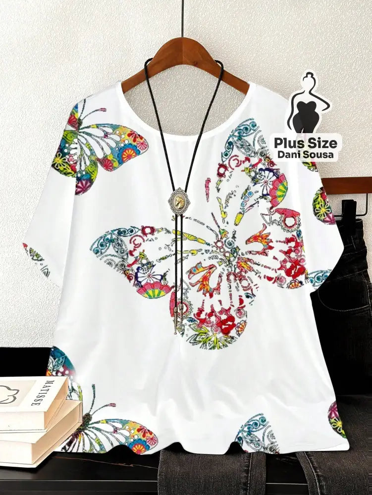 Blusa Estampada de Borboleta Com Caimento Solto Plus Size Branco / G Blusa Estampada de Borboleta Com Caimento Solto