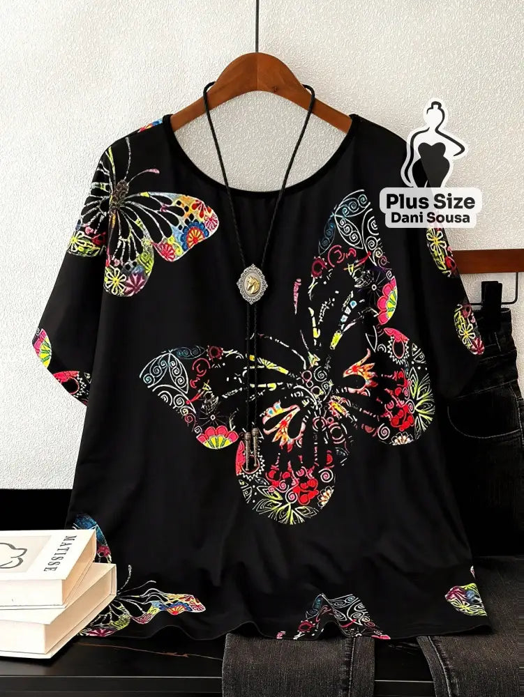 Blusa Estampada de Borboleta Com Caimento Solto Plus Size Preto / G Blusa Estampada de Borboleta Com Caimento Solto