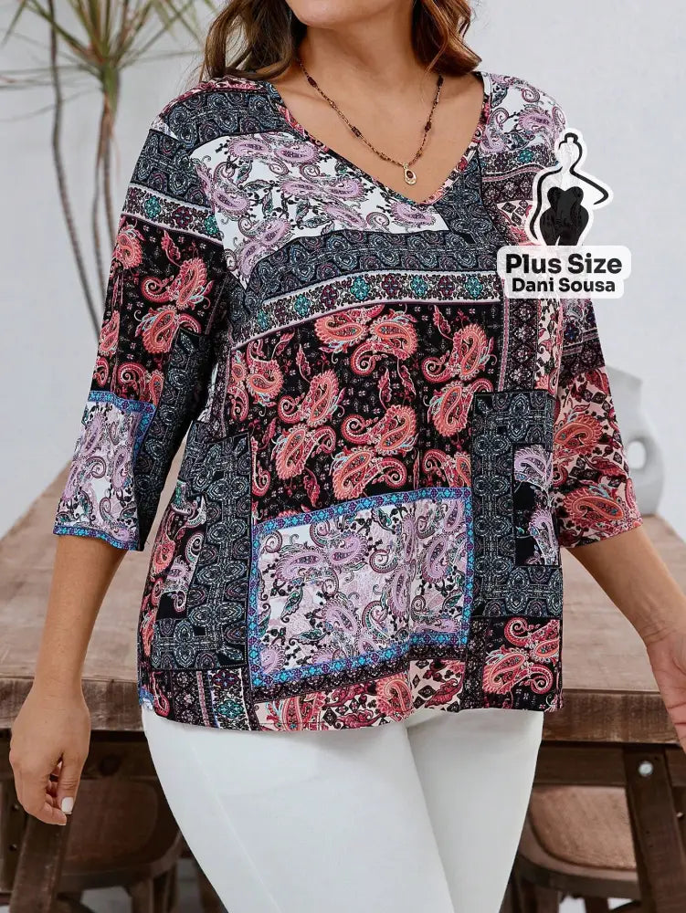 Blusa Estampada De Manga Longa Com Bolsos Plus Size Blusa Estampada De Manga Longa Com Bolsos Plus Size