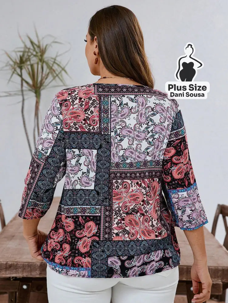 Blusa Estampada De Manga Longa Com Bolsos Plus Size Blusa Estampada De Manga Longa Com Bolsos Plus Size