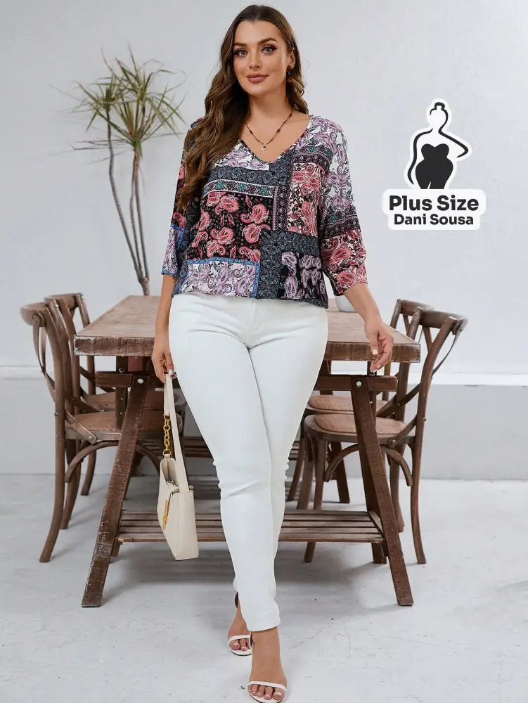 Blusa Estampada De Manga Longa Com Bolsos Plus Size Blusa Estampada De Manga Longa Com Bolsos Plus Size