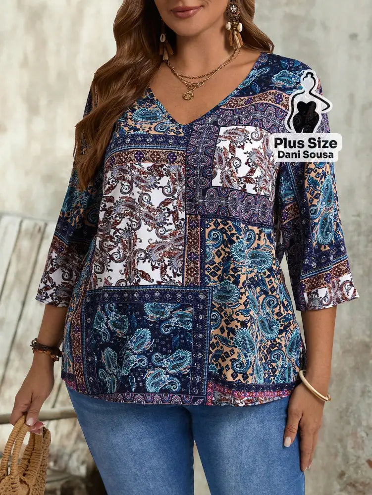 Blusa Estampada De Manga Longa Com Bolsos Plus Size Blusa Estampada De Manga Longa Com Bolsos Plus Size