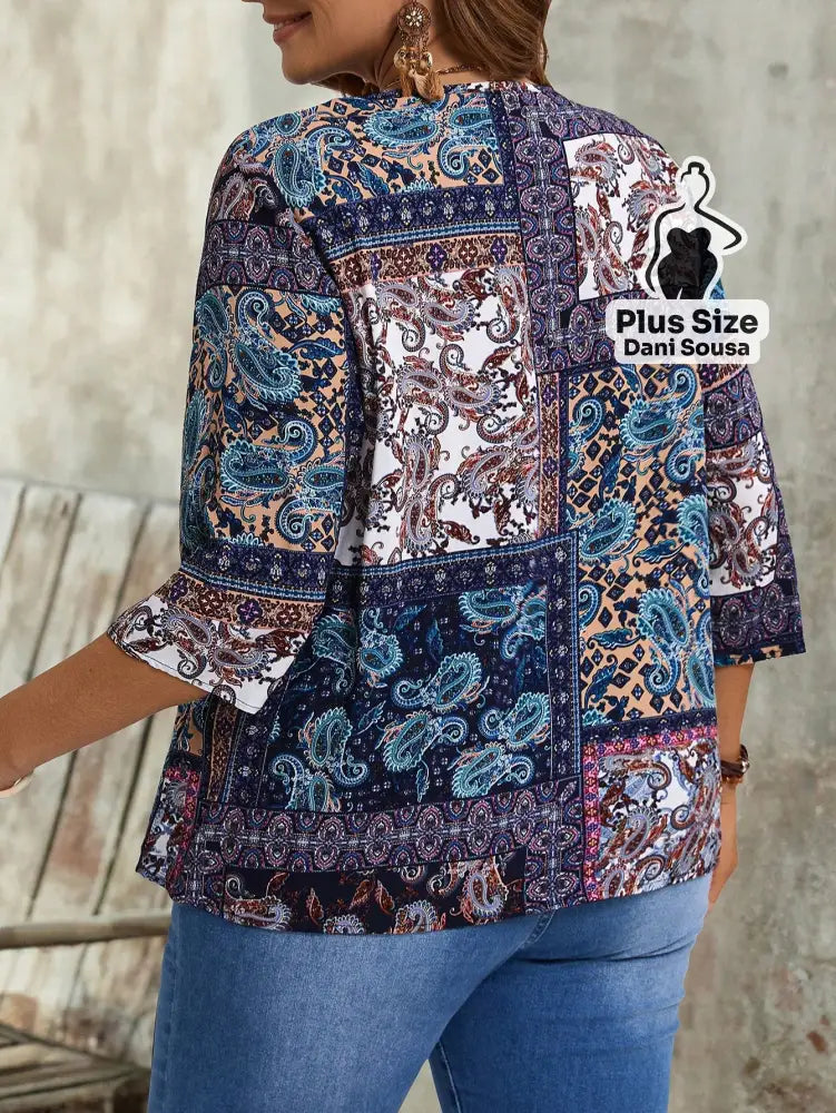 Blusa Estampada De Manga Longa Com Bolsos Plus Size Blusa Estampada De Manga Longa Com Bolsos Plus Size