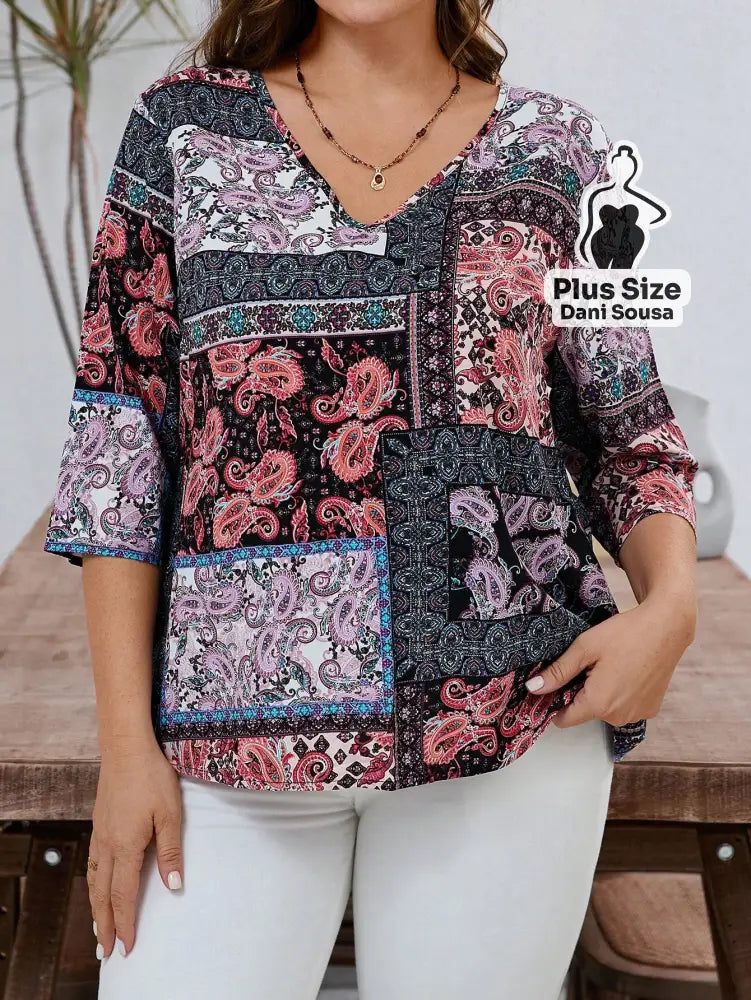 Blusa Estampada De Manga Longa Com Bolsos Plus Size Vermelho / G Blusa Estampada De Manga Longa Com Bolsos Plus Size