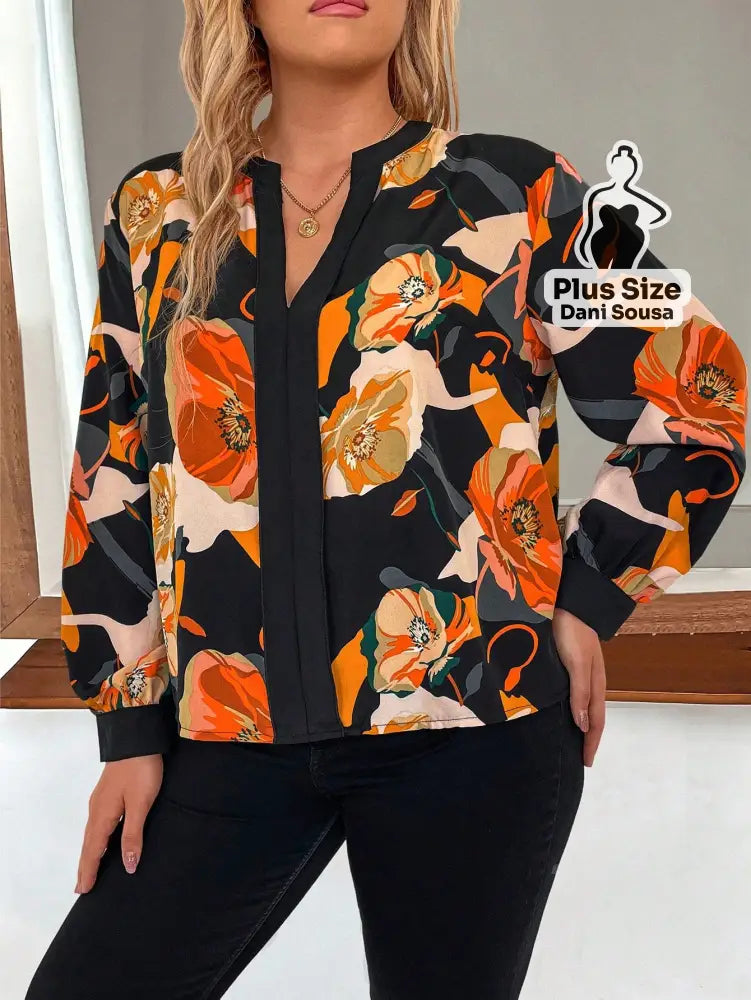 Blusa Estampada Floral de Manga Longa Bufante Plus Size Blusa Estampada Floral de Manga Longa Bufante Plus Size