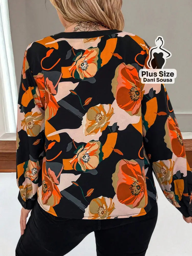 Blusa Estampada Floral de Manga Longa Bufante Plus Size Blusa Estampada Floral de Manga Longa Bufante Plus Size