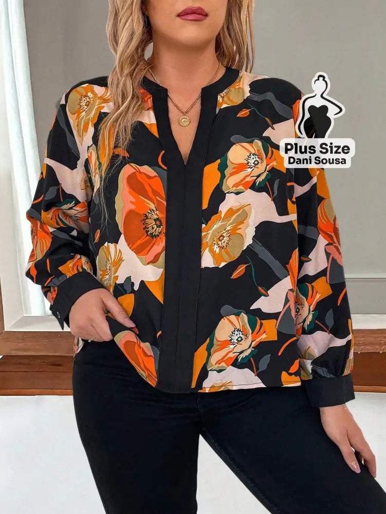 Blusa Estampada Floral de Manga Longa Bufante Plus Size Blusa Estampada Floral de Manga Longa Bufante Plus Size