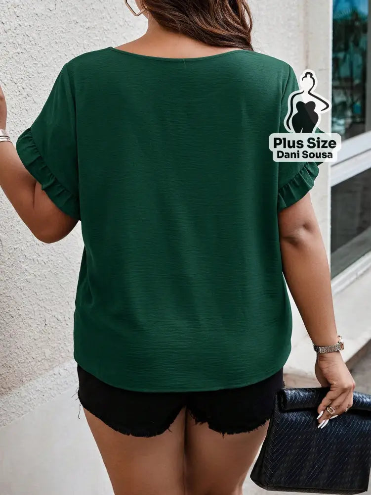 Blusa Feminina Com Babados Nas Mangas Plus Size Blusa Com Estampa Geométrica e Decote V Plus Size