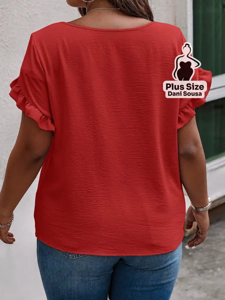 Blusa Feminina Com Babados Nas Mangas Plus Size Blusa Com Estampa Geométrica e Decote V Plus Size