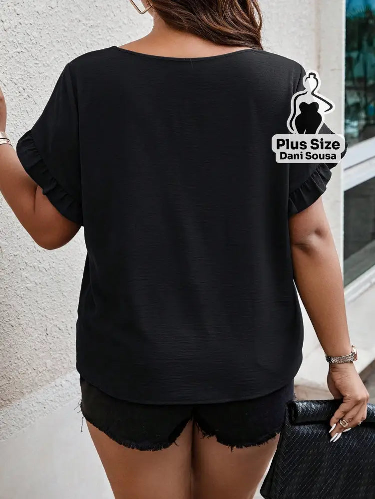 Blusa Feminina Com Babados Nas Mangas Plus Size Blusa Com Estampa Geométrica e Decote V Plus Size