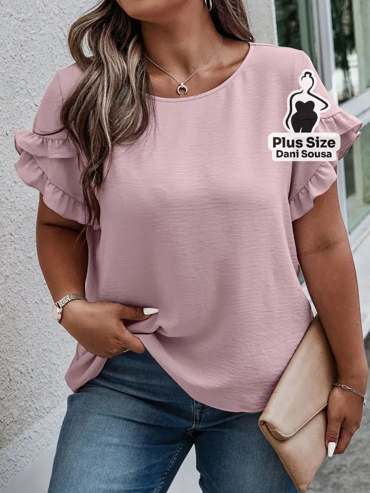 Blusa Feminina Com Babados Nas Mangas Plus Size Rosa Chiclete / G Blusa Com Estampa Geométrica e Decote V Plus Size
