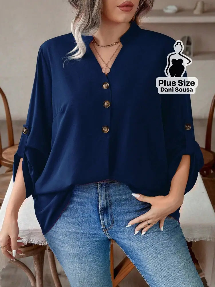 Blusa Feminina Com Botões e Manga 3/4 Casual Elegante Plus Size Blusa Feminina Com Botões e Manga 3/4 Casual Elegante