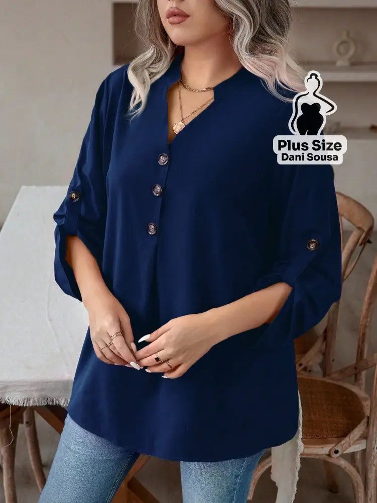 Blusa Feminina Com Botões e Manga 3/4 Casual Elegante Plus Size Blusa Feminina Com Botões e Manga 3/4 Casual Elegante