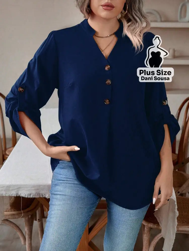 Blusa Feminina Com Botões e Manga 3/4 Casual Elegante Plus Size Blusa Feminina Com Botões e Manga 3/4 Casual Elegante