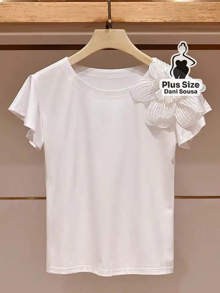 Blusa Manga Borboleta com Aplique Floral Plus Size Branco / G Blusa Manga Borboleta com Aplique Floral Plus Size