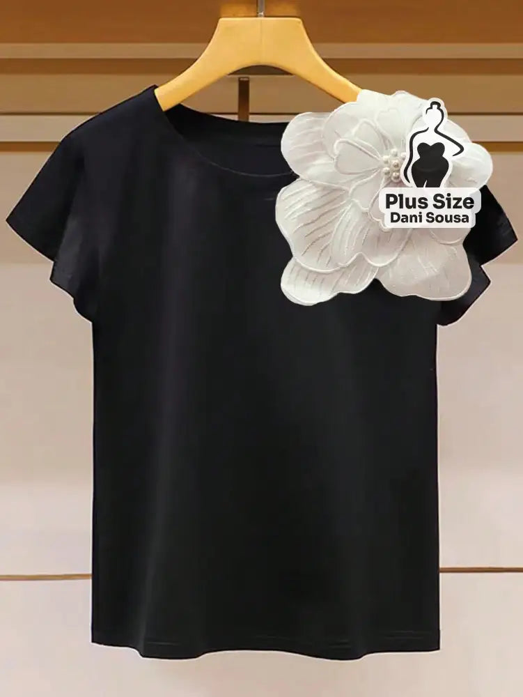 Blusa Manga Borboleta com Aplique Floral Plus Size Preto / G Blusa Manga Borboleta com Aplique Floral Plus Size