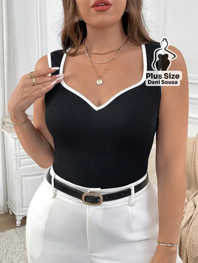 Blusa Regata com Acabamento Contrastante Plus Size Preto / G Blusa Regata com Acabamento Contrastante Plus Size