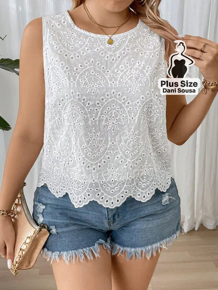 Blusa Regata De Renda Com Bordado Plus Size Conjunto Cropped e Shorts Estampado com Detalhes de Renda Plus Size